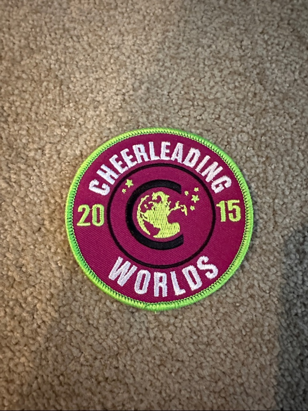 Cheerleading Worlds 2015 Embroidered Patch - Pink & Neon Green